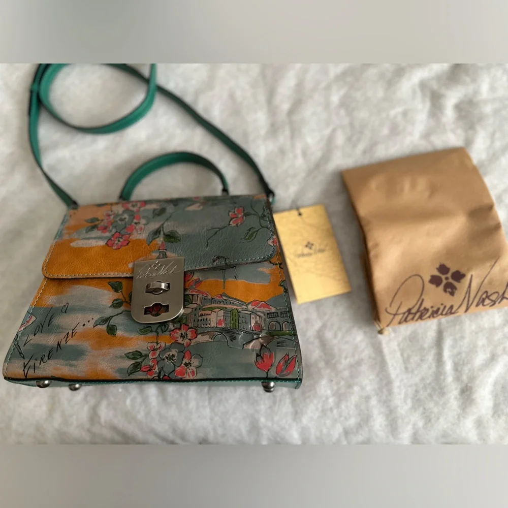 Brand new Patricia Nash Leather Floral Crossbody Bag with Green & Orange Accents - Picture 7 of 9